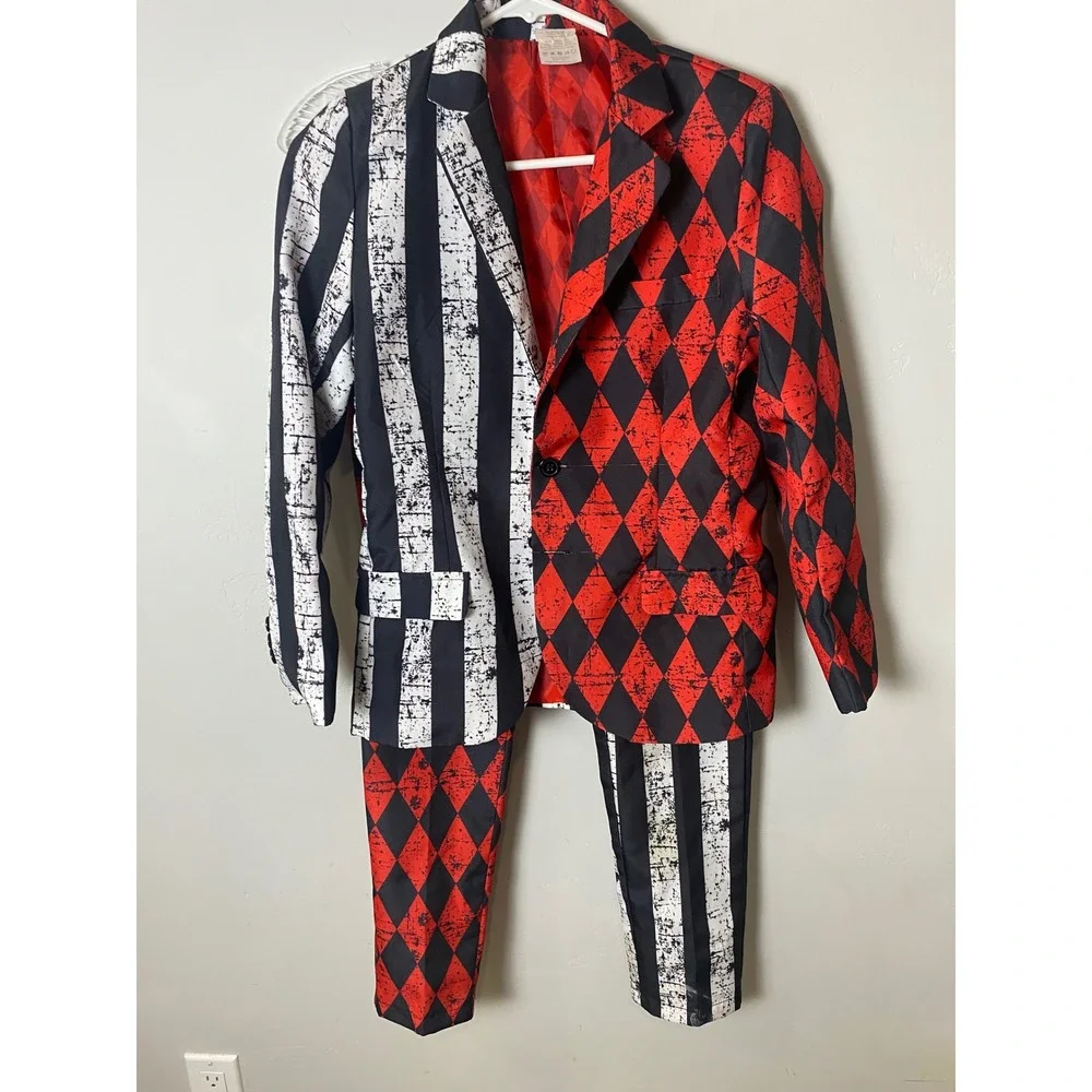 Spirit Halloween Kids Harlequin Striped Suit Set Red Black White Joker Large